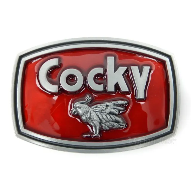Cocky Rooster Men's Belt Buckle Antique Silver Red Enamel Inlay Fits 1.5" Belts