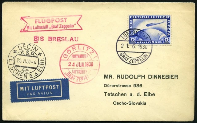 ZEPPELINPOST 1930, Schlesienrundfahrt, Bordpost, Abwurf Görlitz, frankiert mit 2
