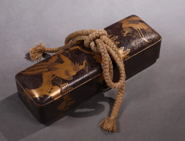 Antique Japanese Lacquer Case Gold Phoenix Makie Wooden Calligraphy Box Meiji