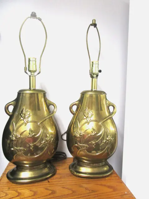 Antique Solid Brass Floral Design Lamps (Set Of Two)