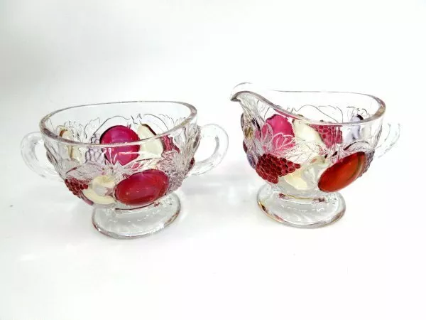 Westmoreland Della Robbia Ruby Flashed Sugar/Creamer Embossed Multi Fruit