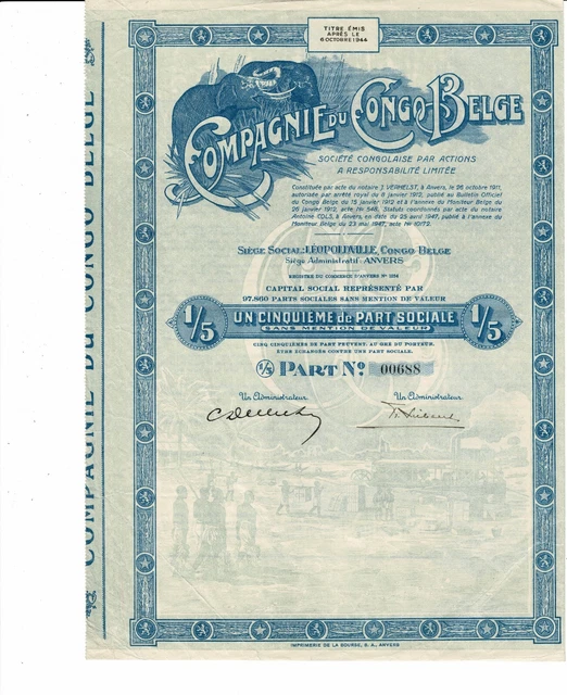 Compagnie du Congo Belge - Léopoldville  Anvers 1947 - 15 Part Sociale