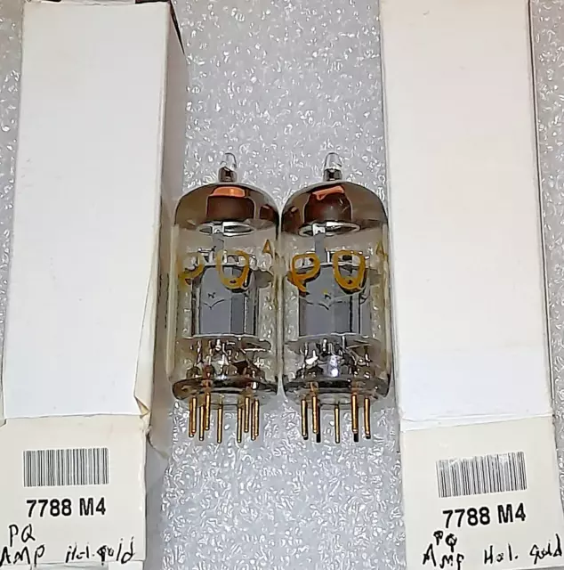 Pair Amperex 7788 PQ gold pins/gray plate/halo getter Tubes, Holland TV-7D Test