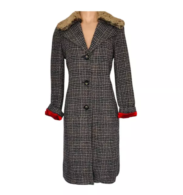 EVENTS Vtge Wool Blend Tweed Midi Coat Sz 8 Detachable Collar Red Lining Pockets