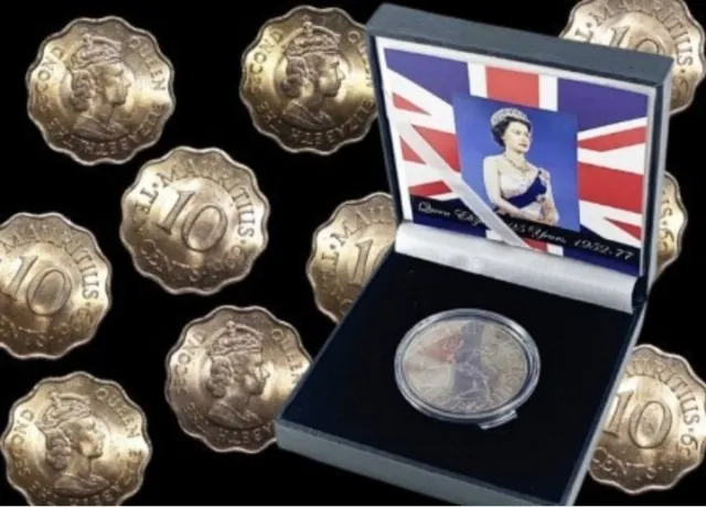 1977 Queen Elizabeth Ii Silver Jubilee Crown (6)Unc 1969 Mauritius 10 Cent Coins