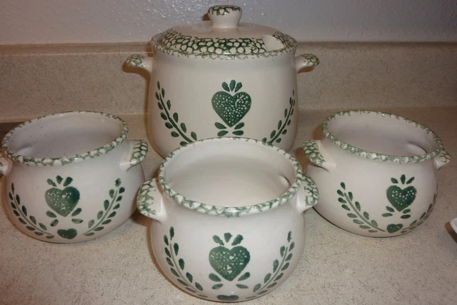 Stoneware Green & White Hearts Soup/Chili Tureen & Bowls Set
