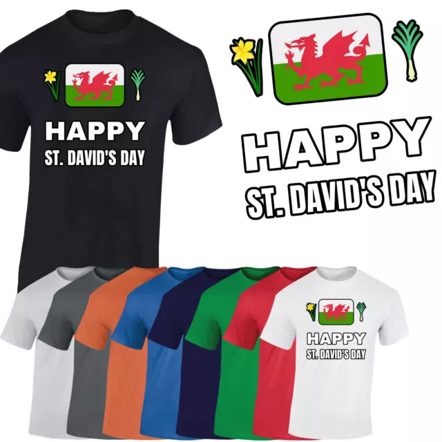 Happy St David's Day Mens T-Shirt Cymru Dragon Daffodil Wales Unisex Gift Tshirt