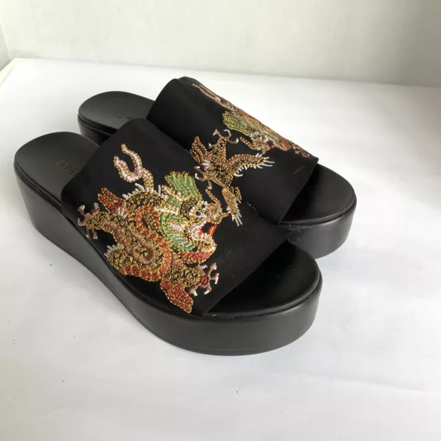 VINTAGE Y2K BEBE Black Dragon Embroidered Sandal Slides Platform Chunky ...