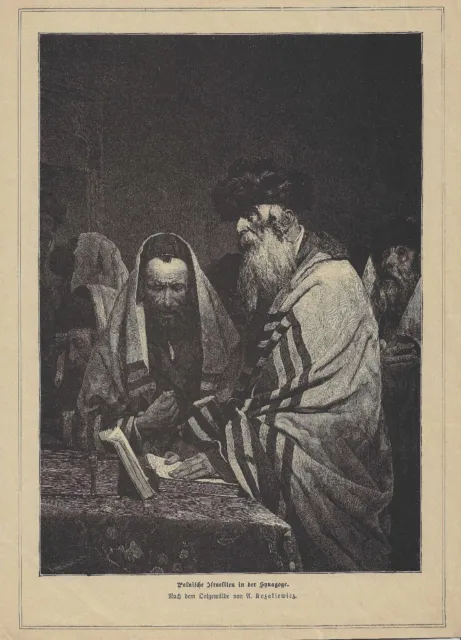 POLNISCHE ISRAELITEN IN DER SYNAGOGE ANTONI KOZAKIEWICZ Original Holzstich  1885