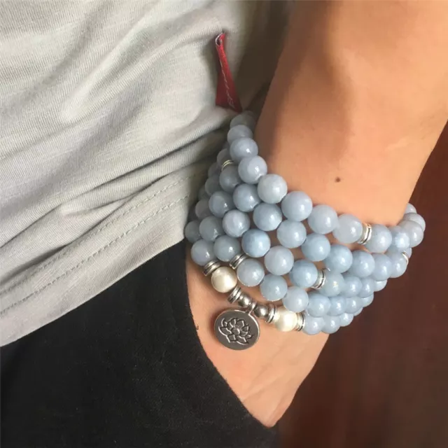 8mm 108 perles bracelet aigue-marine Mala lotus pendentif bouddh yoga gland nature