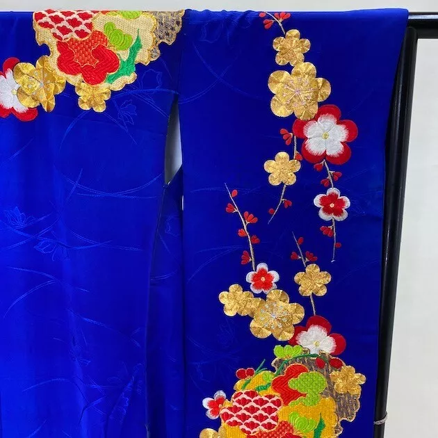 Furisode Color Uchikake VINTAGE Japanese Kimono Silk blue classic 1641 3