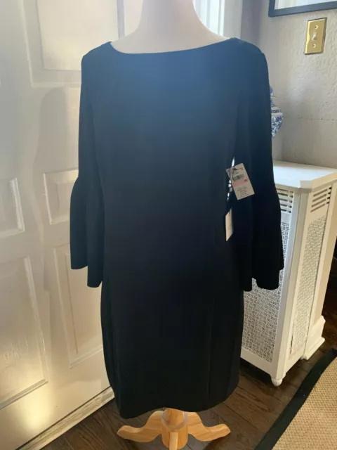 NWT Laundry Shelli Segal Womens Black Bell-Sleeve Crepe Shift Dress 10 Lined