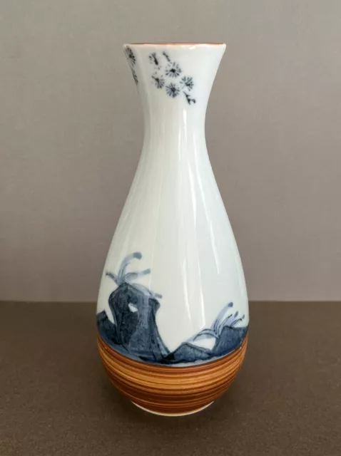 Hand Painted Ceramic Sake Decanter Blue/Brown Crane Mountains Vase