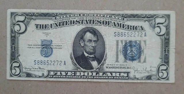 Series 1934 D $5 Five Dollar Silver Certificate Blue Seal   D85