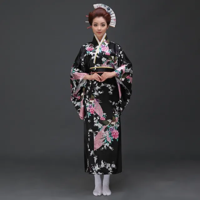 Lady Floral Japanese Kimono Satin Robe Yukata Geisha Costume Show Cosplay Soft