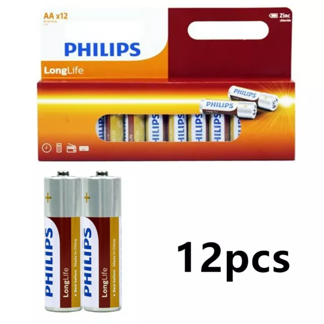 12pcs Genuine Philips AA Long Life Zinc Carbon Battery 1.5V Batteries Bulk