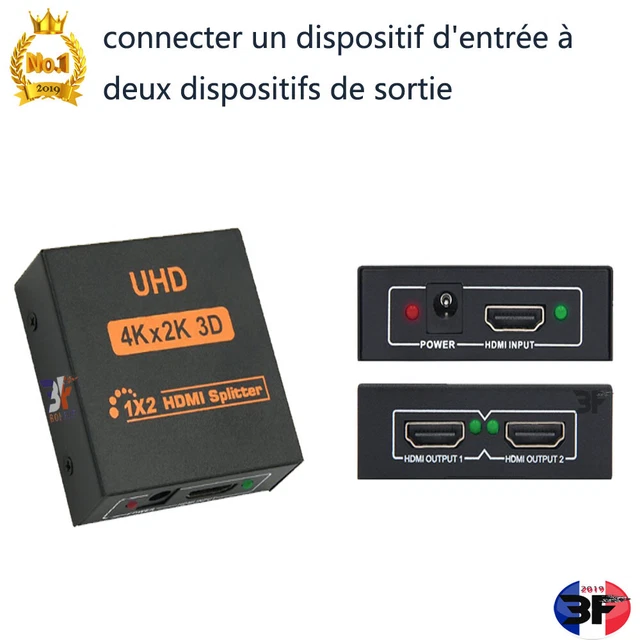 1 en 2 1080P Full HD 3D TV HDMI Splitter Port Hub Répéteur avec câble alimenta