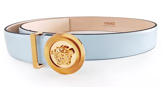 Versace Medusa Biggie Logo Women's Leather Belt in Ice Blue Size 80 / 32 - Italy