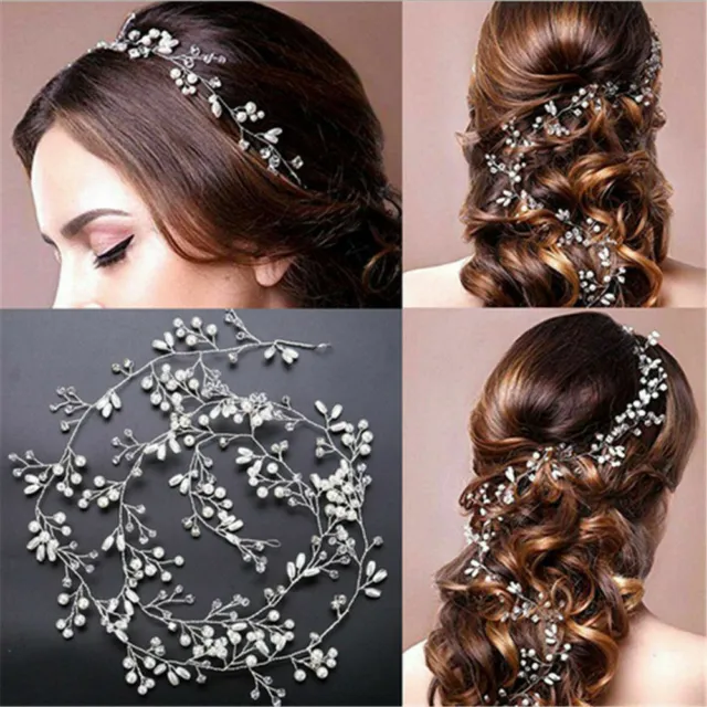 Pearls Wedding Hair Vine Crystal Bridal Accessories Diamante Flower Headpiece US 2