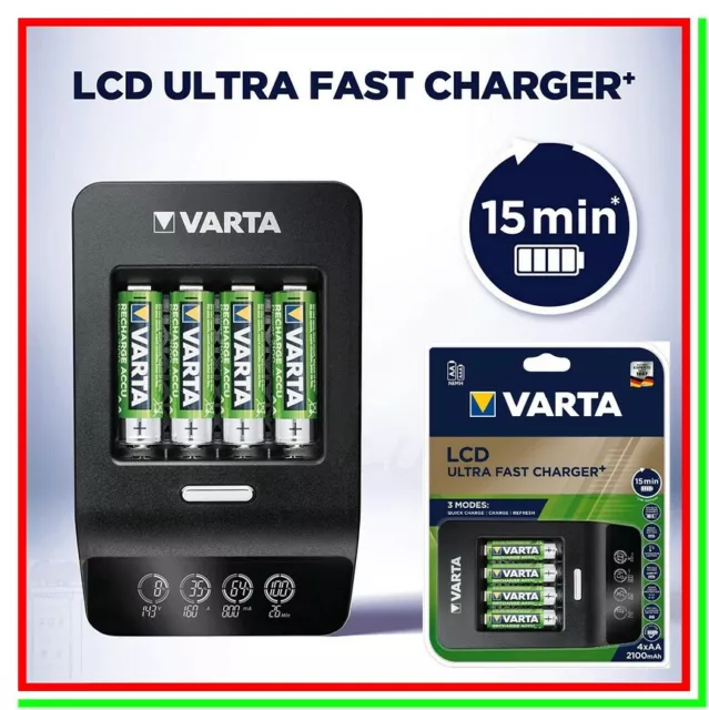 Caricabatterie Pile Ricaricabili VARTA ULTRA FAST + 4 Batterie AA Stilo 2100mAh