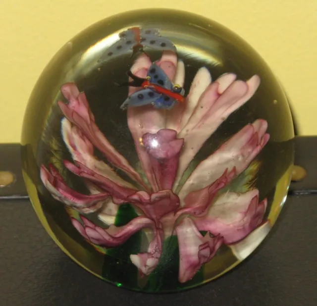 Beautiful Vintage Art Glass Paperweight Pink Flower & Flying Blue Insects Bugs