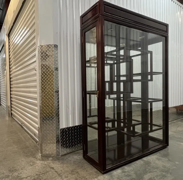 Contemporary Mahogany & Glass Floor-to-Ceiling Illuminated Display Cabinet asian