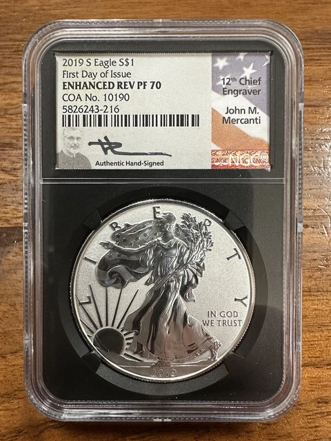 2019 S Enhanced Reverse Proof Silver Eagle NGC PF70 First Day Of  Mercanti COA