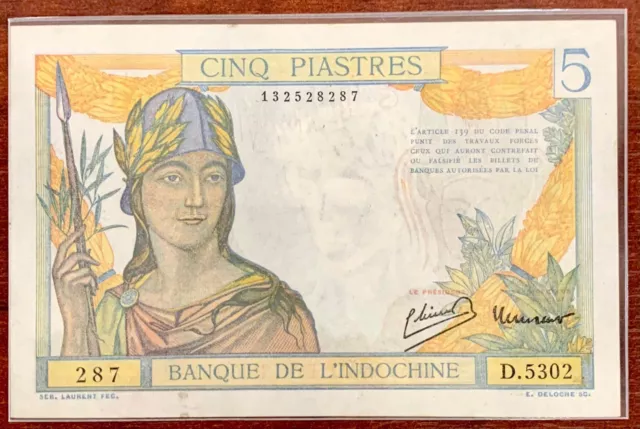 [480696]   French Indochina 5 piastre 1942 AUNC Banknote