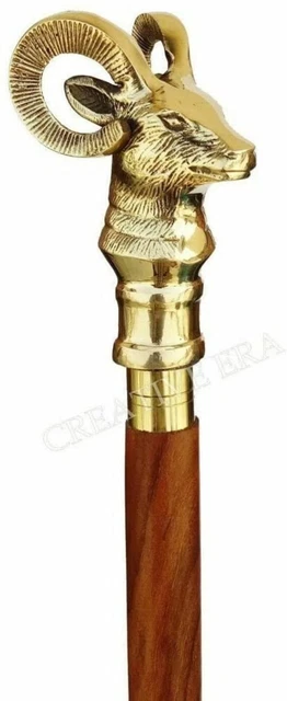 Antique Victorian Cane Wooden Gift Solid Golden Brass Goat Head Handle Handmade