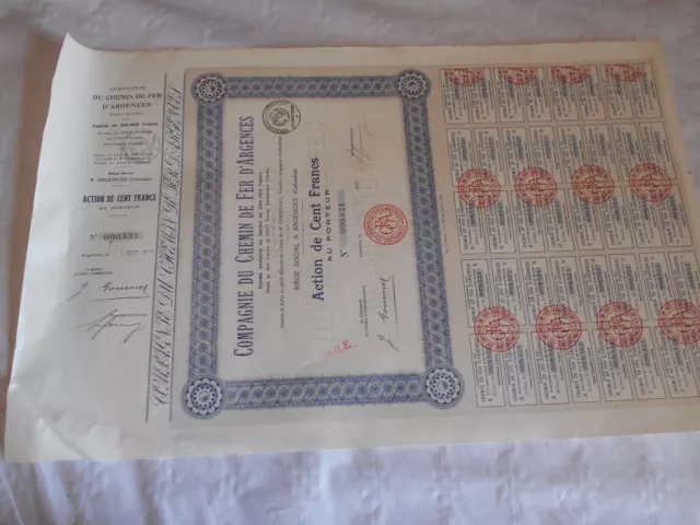 Vintage share certificate Stock Bond action railway Chemin de Fer D'Argence 1921