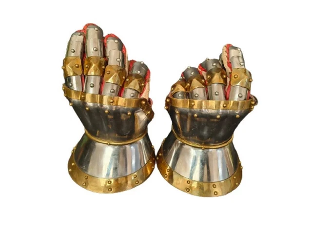 Medieval Gauntlet Viking Gauntlets, Brass ,16G Steel Mild steel Leather Gloves