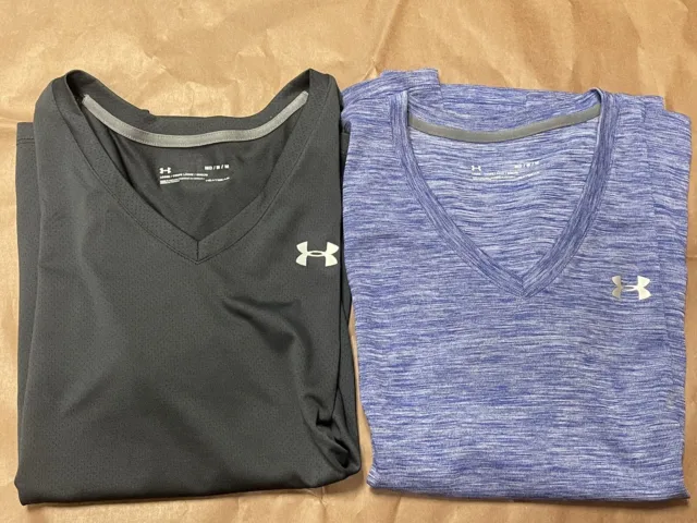 Women’s Under Armour V-Neck HeatGear Running Workout Shirt Medium Lot Of 2 Black