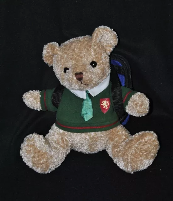 Peluche doudou ours écolier DAMART pull vert cravate sac sur le dos 26 cm TTBE