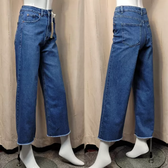 M&S High Waist WIDE Leg CROPPED JEANS ~ Size 12 Reg ~ MED INDIGO