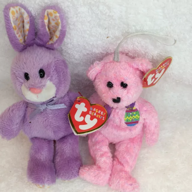 Ty Basket Beanies Easter plush: Eggs Pink bear & Bloom Lilac Bunny Rabbit MWMT