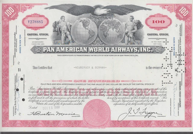 Pan American World Airways airline stock certificate 100 shares 1960