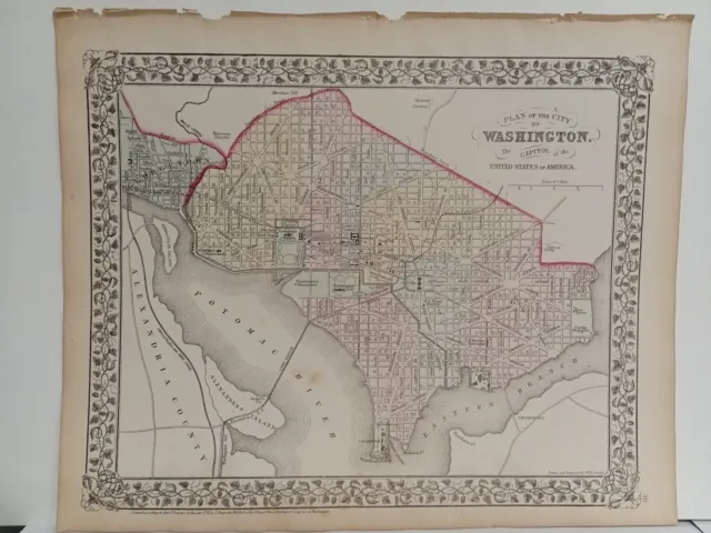 1873 Mitchell's Atlas Map, City Plan of Washington D.C. Authentic Hand-Colored