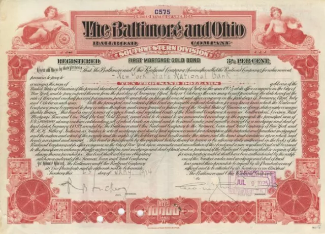 Baltimore and Ohio Railroad Co. Issued to Various Banks - $10,000 Bond - Railroa