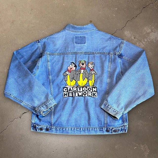 RARE 90S HANNA Barbera Cartoon Network Fred Flintstones Denim Jacket