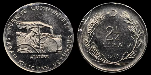 1970 Turkey 2 1/2 Lira, Atatürk driving a tractor, FAO, Agricultural Progress