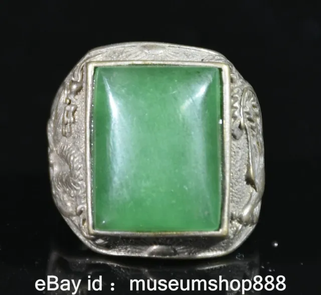 1.2" Rare Old Chinese Silver Green Gems Dragon Phoenix Finger Jewelry Ring