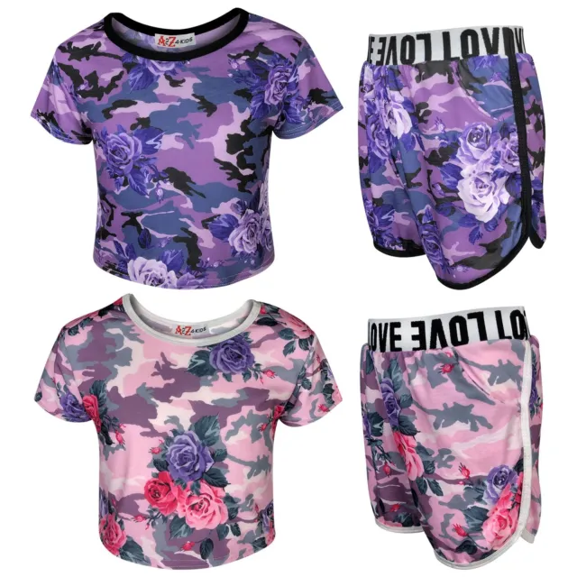 Kids Girls Top & Shorts Camouflage Floral Print Fashion Summer Outfit Set 7-13 Y