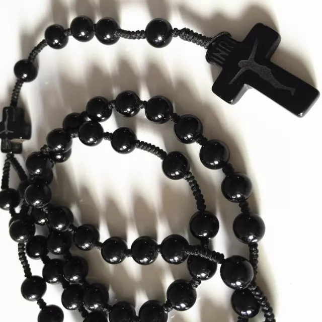 BLACK Natural Carnelian Agate Rosary Bead & Cross Necklace CRUCIFIX CATHOLIC