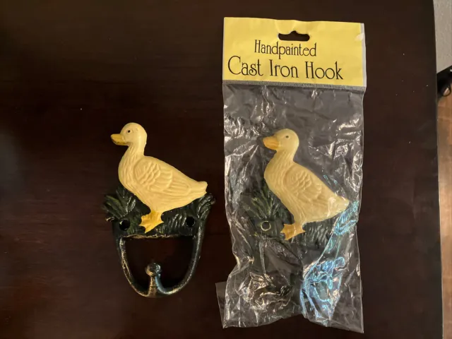 Vtg Cast Iron Hand Painted Yellow Goose Duck Bird Wall Hook Coat Key Hanger Set
