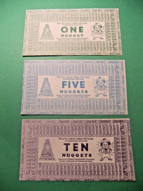 RARE 1958 Lillooet Centennial 1, 5 and 10 Nuggets Trade Vouchers, UNC