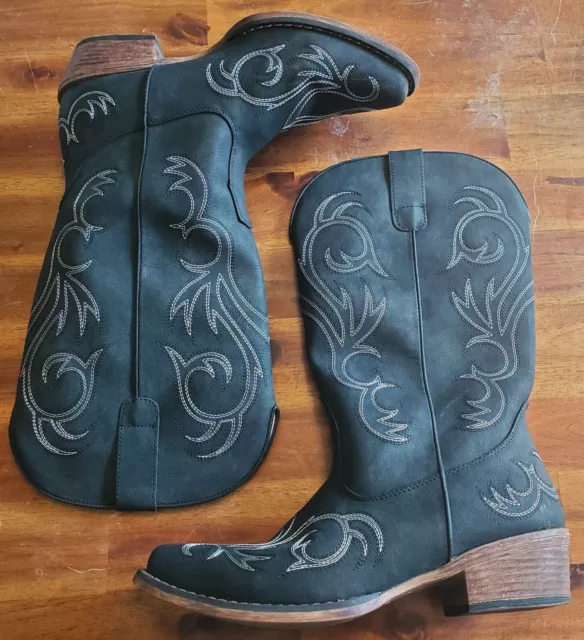 Roper Womens Black Faux Leather Riley Embroidery Cowboy Boots