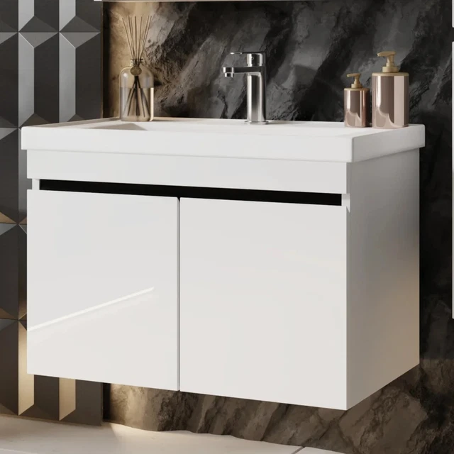 Meuble salle de bain avec plan vasque - 100 cm strié blanc mat Tirso