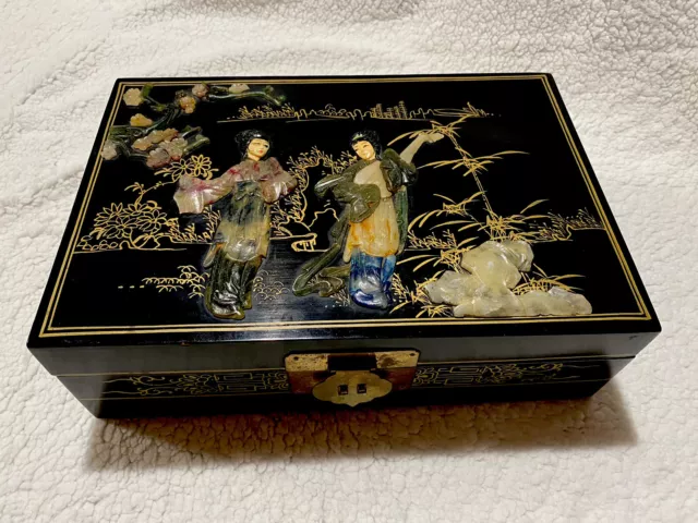 Vintage Chinese Jewelry Box Lacquer Jade Stone Oriental Geisha Hand Crafted
