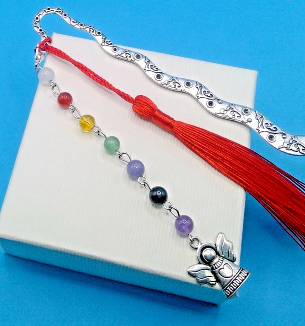 GEMSTONES 7 CHAKRA & ANGEL CHARM +TASSEL Metal BOOKMARK *FREEPOST* Gift Box XMAS
