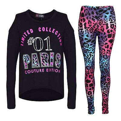 Kids Girls Top #01 Paris Print Black Top & Multi Leoaprd Legging Outfit Sets
